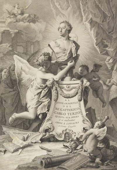 Widmungsseite an Karl III. von Spanien und die beiden Sizilien, Frontispiz für Paolantonio Paoli von Giovanni Battista Tiepolo